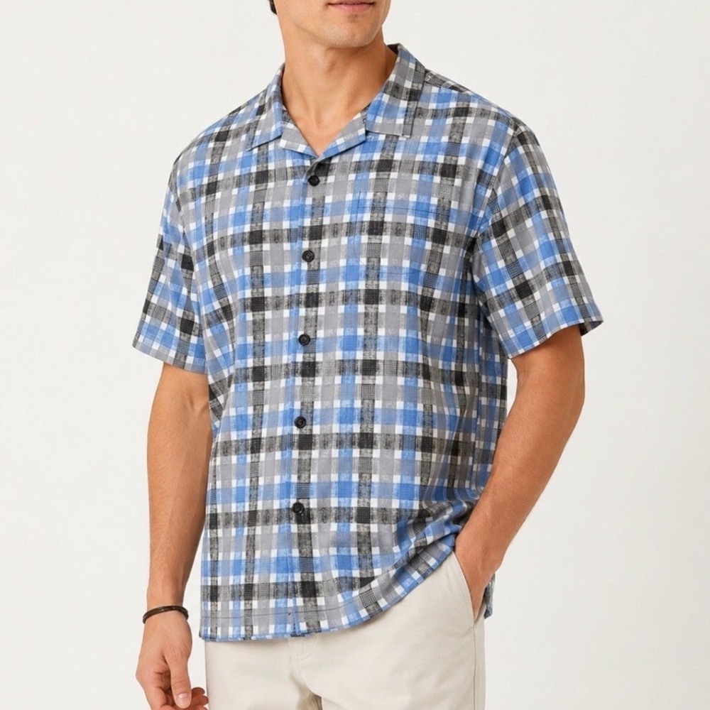 Tommy Bahama Shirt Mens XL Blue Plaid Silk Cotton Island Modern Fit Camp Collar